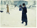 Two gentleman face off in the snow. Convention dictates the challenged shoots first.